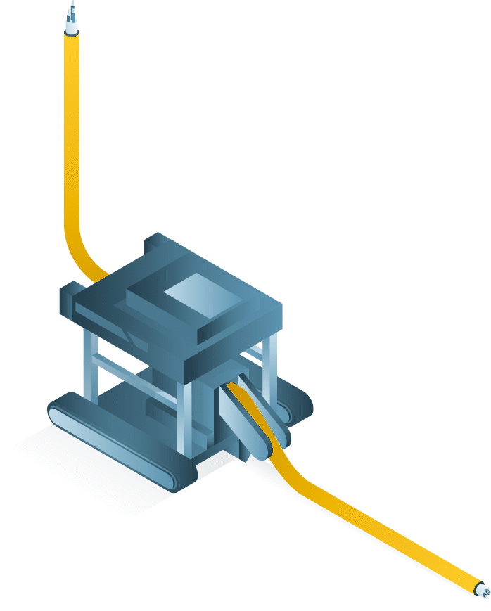 Isometric illustration of an industrial machine with a blue and gray design, featuring yellow hoses connected to its sides. The machine has a rectangular shape, supported by four vertical stands, with light shading indicating depth.